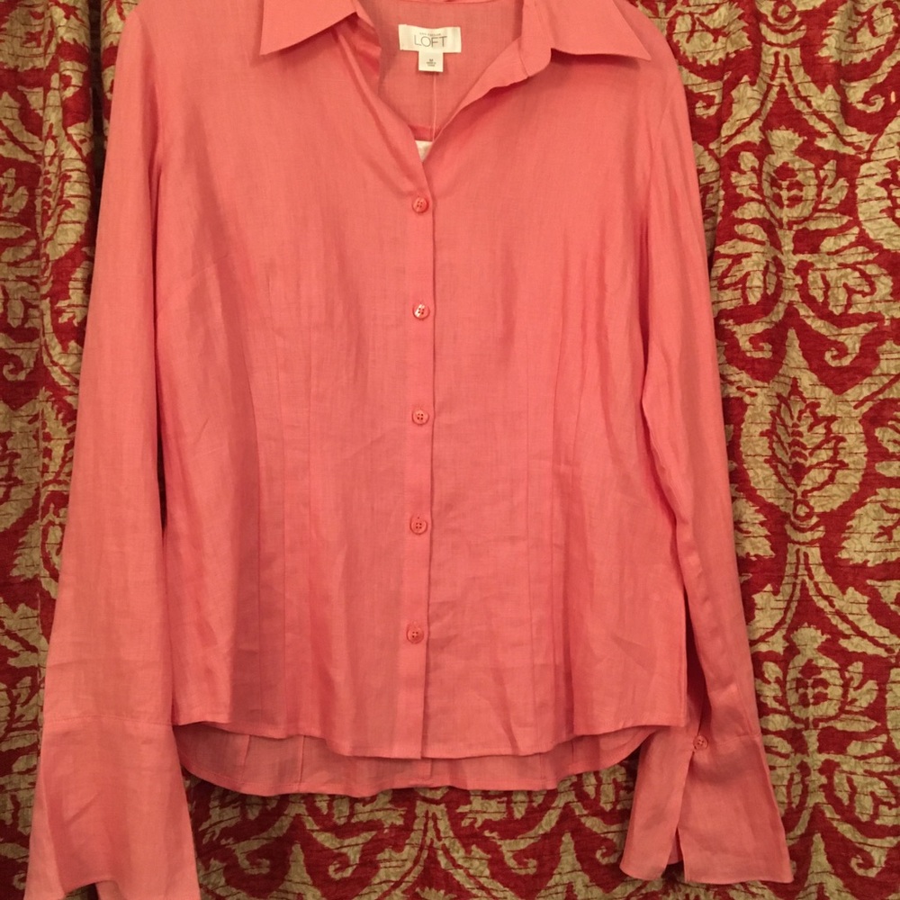 Ann Taylor Loft Linen Blouse Flutter Sleeve Coral